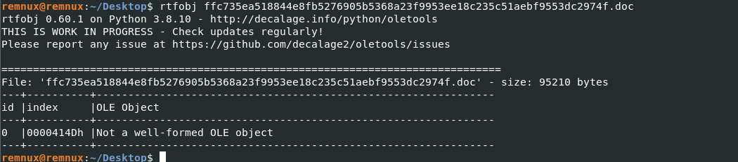 악성 RTF 샘플에 대한 rtfobj 분석 결과 화면