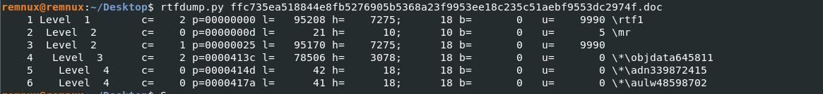 내장된 OLE 객체 데이터가 보이는 rtfdump 결과 화면