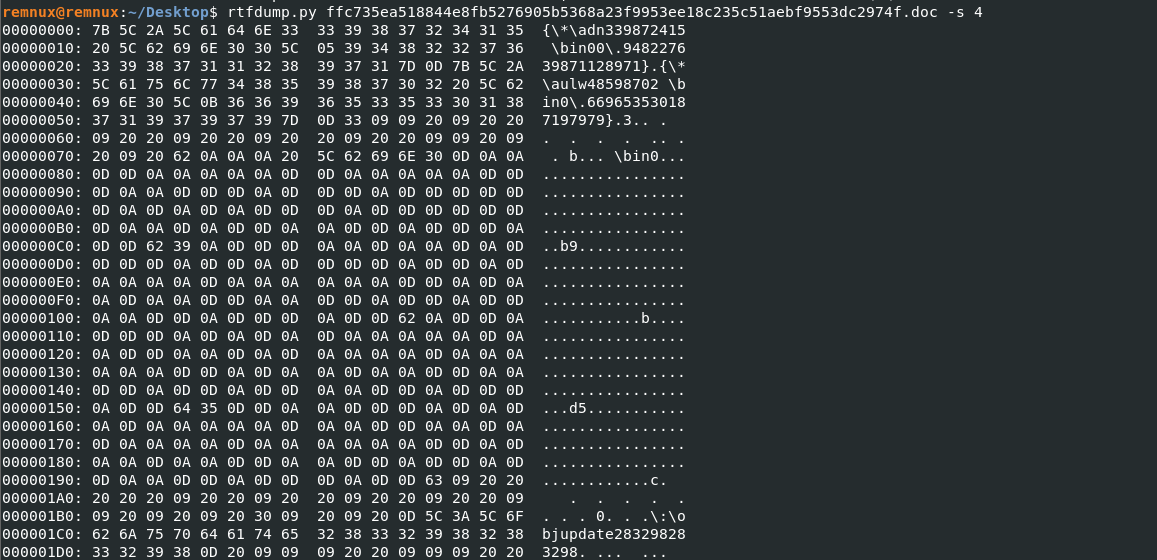 RTF 구조 내부의 objdata 섹션 화면